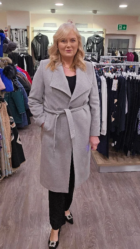Christina Felix Belted Waist Wool Cashmere Blend Long Coat, Grey Turtleneck Jacket Crew Neck Jacket V-Neck Jacket