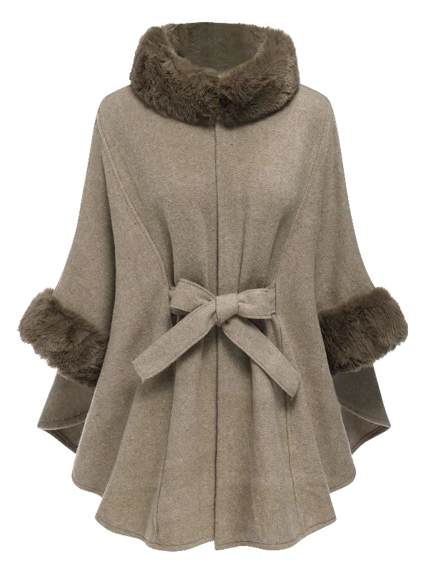 Coffee 1940s Faux Fur Collar Batwing Coat Suede Faux Fur Shearling