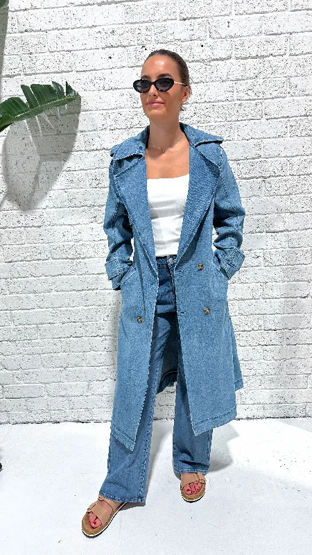 Elsie Denim Trench Classic Double-Breasted Trench Coat