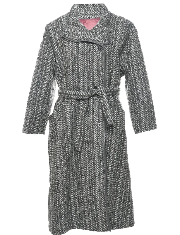 Herringbone Tweed Wool Coat - L Hooded Jacket Zipper Jacket Button Jacket