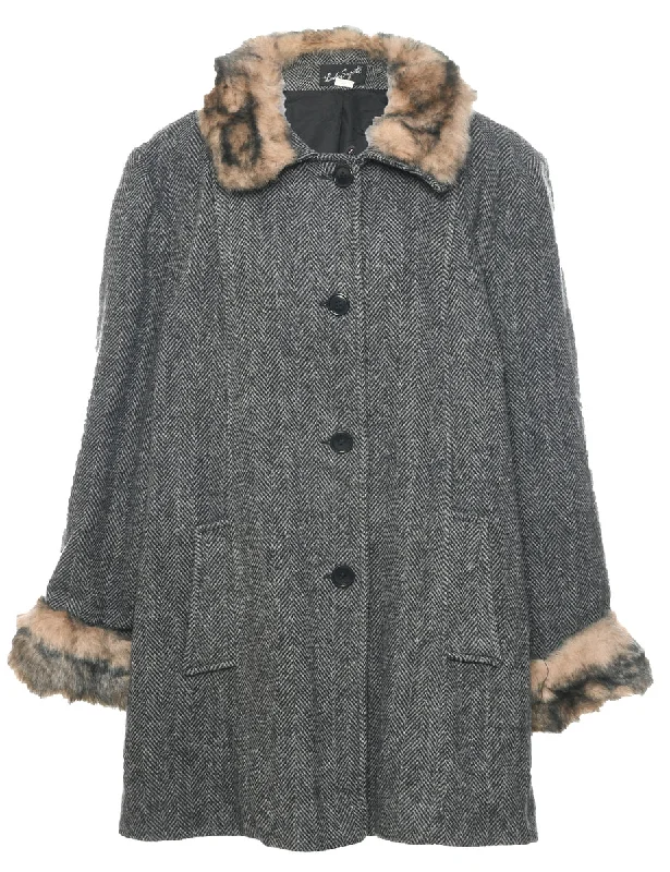 Herringbone Tweed Wool Coat - L Turtleneck Jacket Crew Neck Jacket V-Neck Jacket
