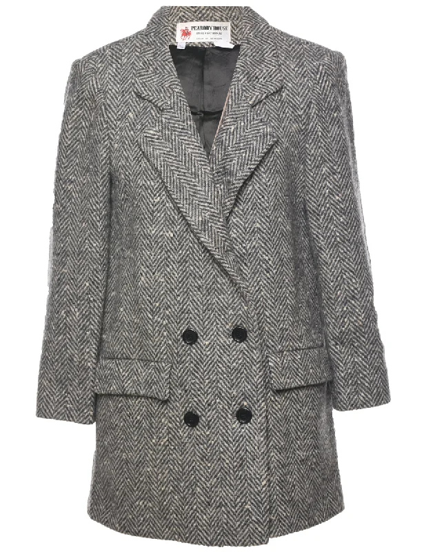 Herringbone Tweed Wool Coat - L Boat Neck Jacket Square Neck Jacket One-Shoulder Jacket