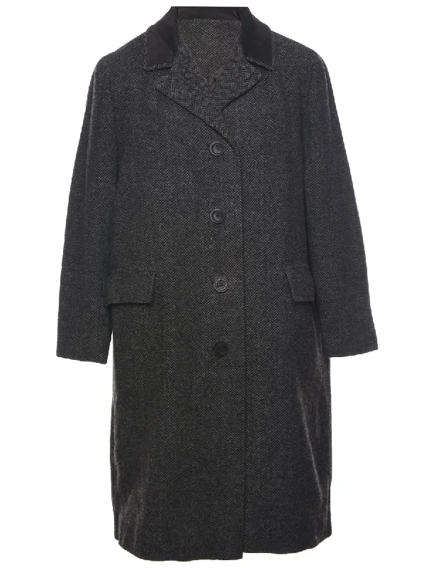 Herringbone Tweed Wool Coat - L Peter Pan Collar Cowl Neck Turtleneck