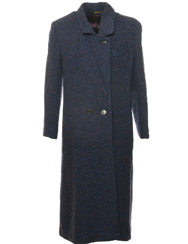 Herringbone Tweed Wool Coat - L Tie-Waist Belted Drawstring