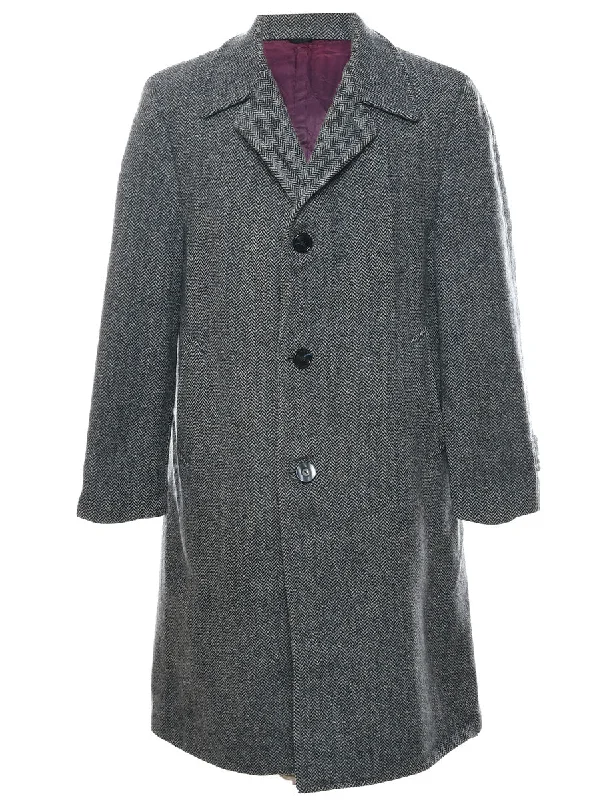 Herringbone Tweed Wool Coat - L Pockets Sleeves Lining