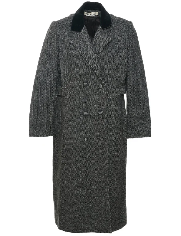 Herringbone Tweed Wool Coat - M Zip Front Button Front Snap Front