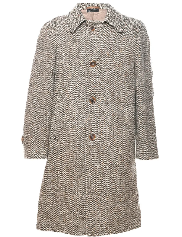 Herringbone Tweed Wool Coat - M Front Pockets Side Pockets Patch Pockets