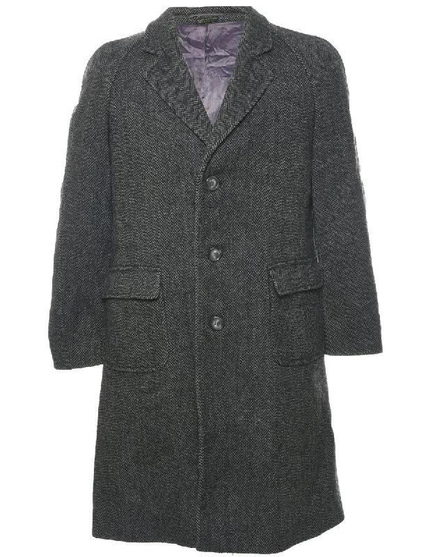 Herringbone Tweed Wool Coat - M Welt Pockets Slit Pockets Flap Pockets
