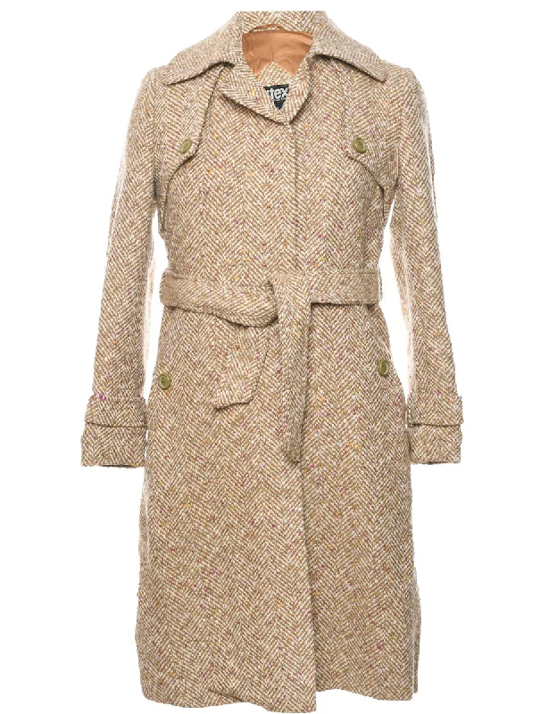 Herringbone Tweed Wool Coat - M Trim Padded Insulated