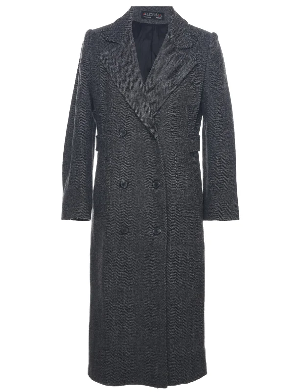 Herringbone Tweed Wool Coat - M Fitted Loose Oversized