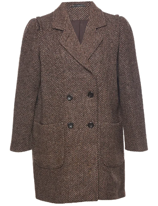 Herringbone Tweed Wool Coat - M Boat Shawl Notched