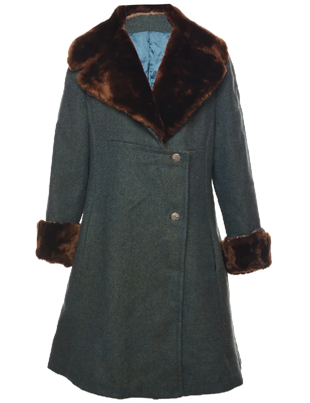 Herringbone Tweed Wool Coat - M Stand-Up Roll-Neck Turtle