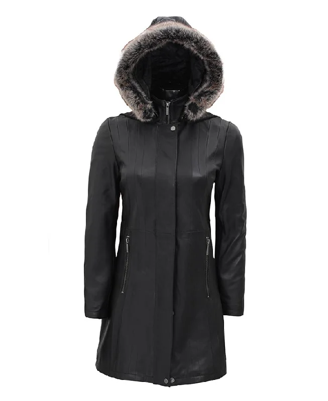 Black Leather Coat With Fur Trim  Hooded Leather Coat Blouse Shirt Tunic