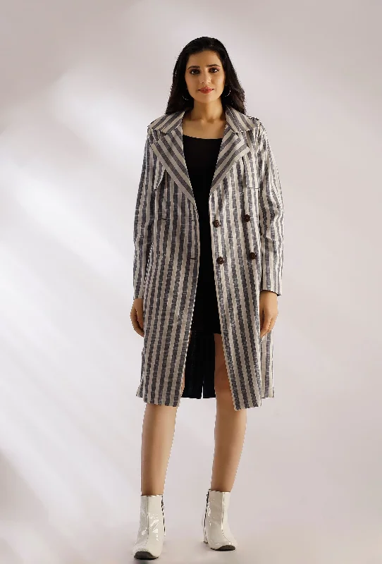 Natalie Black Striped Pure Woven Cotton Trench Coat Parka Down Jacket Wool Coat