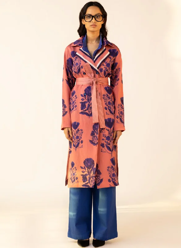 Nordic Coral Trench Trendy Wide-Collar Trench Coat