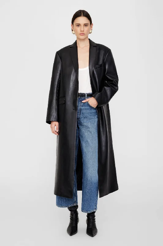 Quinn Coat - Black Recycled Leather Off-the-Shoulder Jacket Double-Breasted Coat Single-Breasted Coat