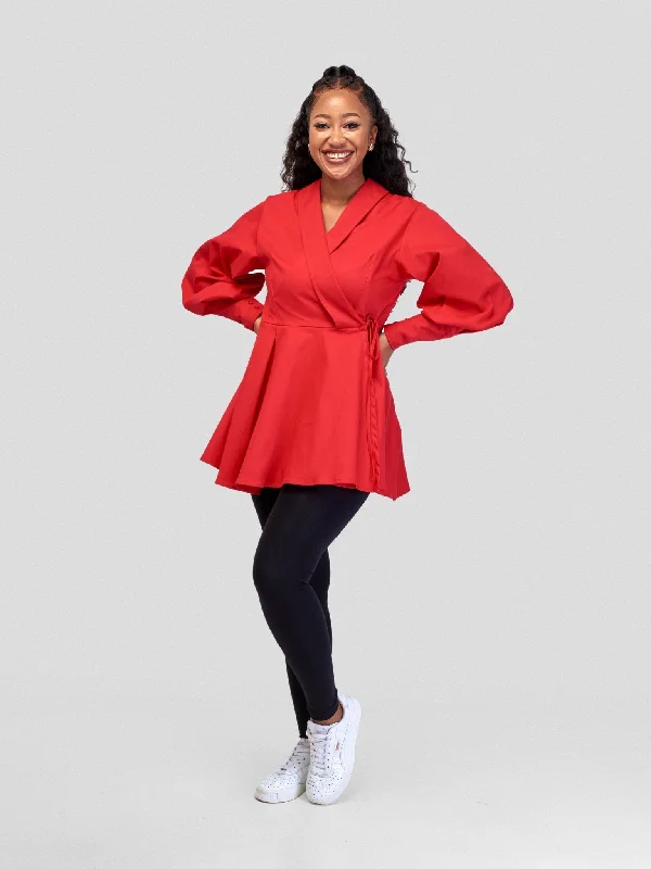 Safari Hawi Peplum Bishop Sleeve Wrap Coat - Red Suede Jacket Faux Fur Jacket Puffer Jacket