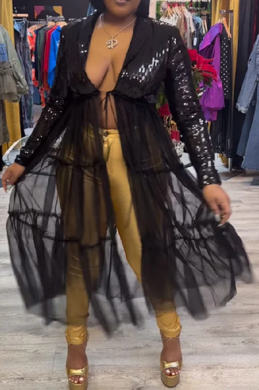 Sequined Sparkly Tiered Tulle Patchwork Coat Satin Silk Chiffon