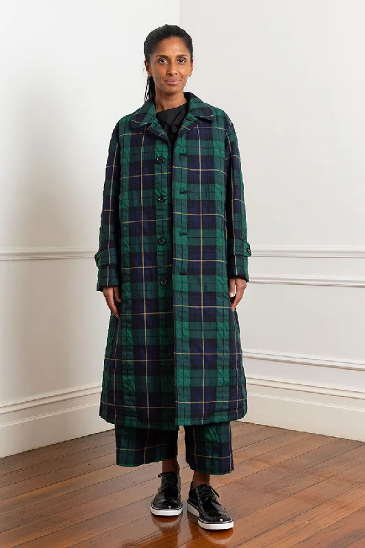 Tartan Check Coat - Navy/Green Three-Quarter Sleeve Elbow Sleeve Wrist Sleeve