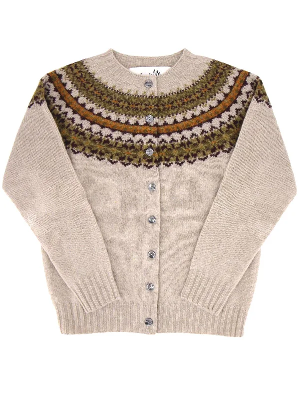 1940s Style Pure Wool Fairisle Cardigan in Ramble Beige Bright Pastel Dark