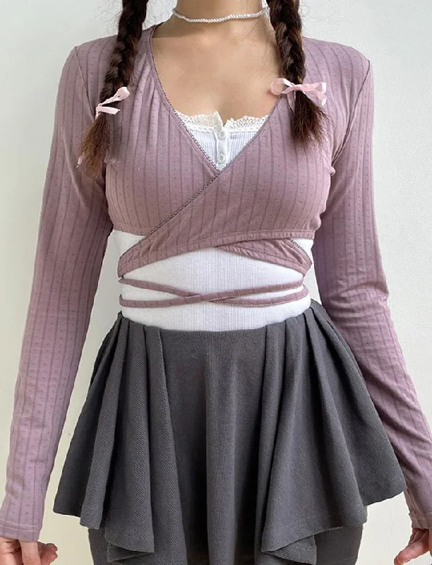 Balletcore V-neck Knitted Cross Strap Long-sleeve Cardigan Plaid Cardigan Polka Dot Checkered Balletcore V-neck Knitted Cross Strap Long-sleeve Cardigan Plaid Cardigan Polka Dot Checkered