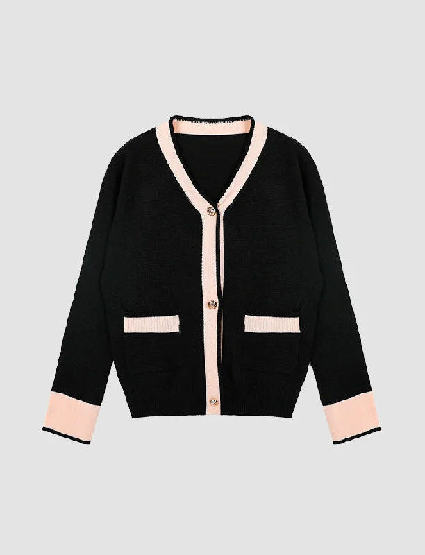 Black Contrast Knitted Sweater Cardigan Mesh Fabric Canvas Fabric Denim Fabric