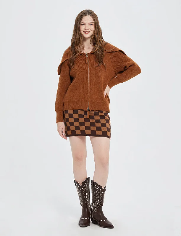 Brown Zipper Sweater Knitted Crop Cardigan Print Jacquard Patchwork