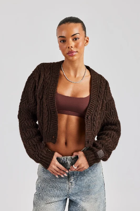 Cable Knit Embroidered Cardigan - Chocolate Collared Crew Neck Turtle Neck