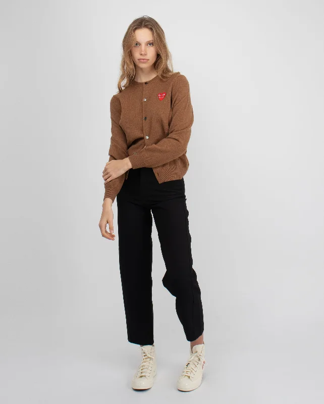 N075 DOUBLE RED HEART CARDIGAN / BROWN Lace Blend Ribbed Blend Corduroy Blend