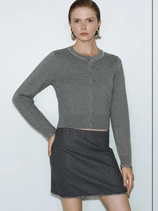 Chain Decor Knitted Cardigans Welt Pockets Slit Pockets Flap Pockets