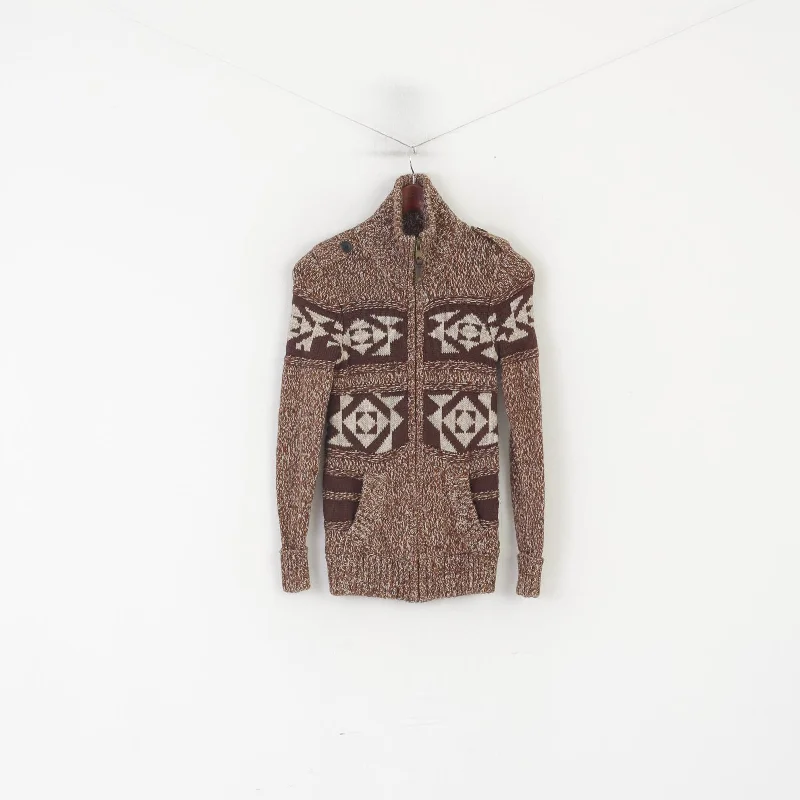 Groggy by jbc Women XS Cardigan Brown Cotton Aztec Full Zipper Fit Knit Sweater Machine Wash Dry Clean Hand Wash