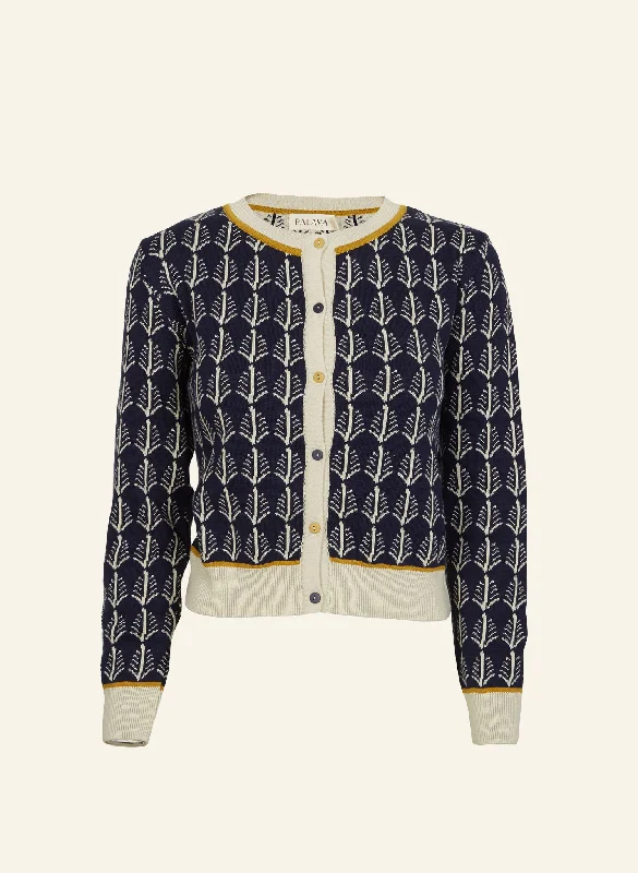 Vera Jacquard Cardigan - Navy Feather Front Pockets Side Pockets Patch Pockets