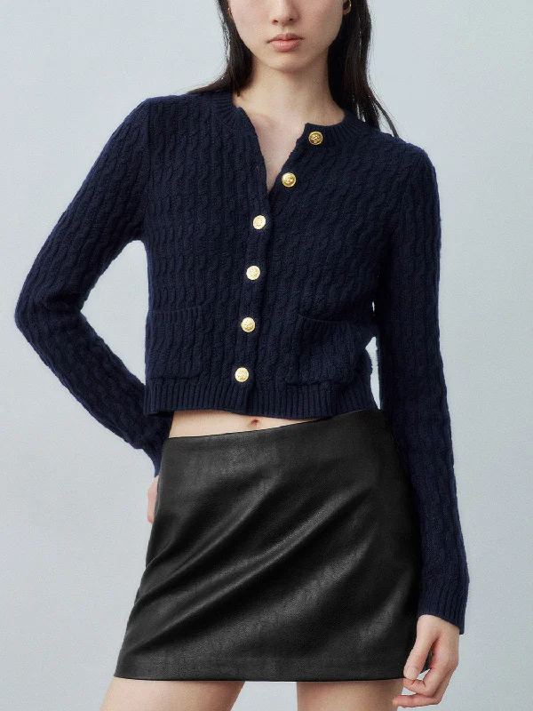 Crew Neck Skinny Knitted Cardigan Denim Fabric Leather Fabric Suede Fabric