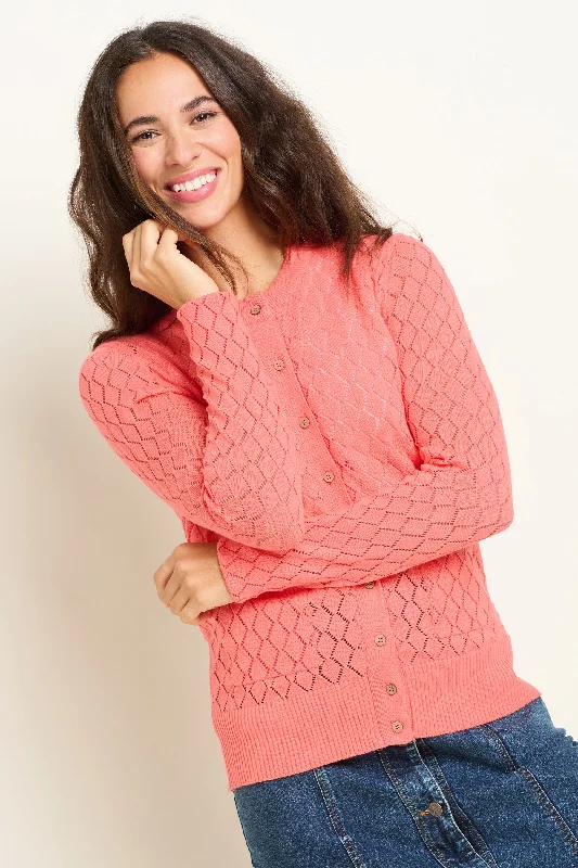 Diamond Pointelle Knitted Cardigan Crew Neck V-Neck Turtle Neck