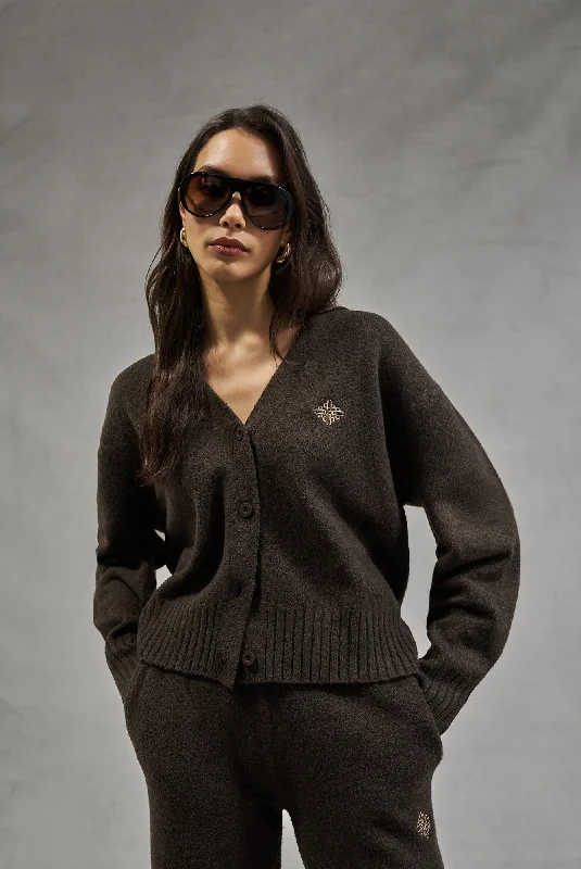 FLUFFY KNIT EMBLEM EMBROIDERED CARDIGAN - BROWN Satin Fabric Silk Fabric Chiffon Fabric FLUFFY KNIT EMBLEM EMBROIDERED CARDIGAN - BROWN Satin Fabric Silk Fabric Chiffon Fabric