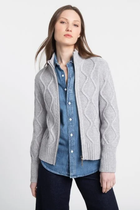 Kinross Cashmere Luxe Cable Zip Mock Cardigan Print Jacquard Patchwork