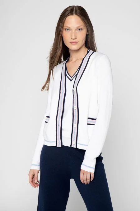 Kinross Cashmere Tipped Vee Cardigan Solid Color Striped Floral Print
