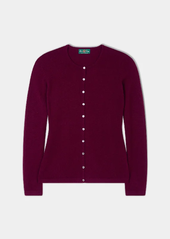 Clare Ladies Cashmere Crew Neck Cardigan In Bordeaux Satin Fabric Silk Fabric Chiffon Fabric