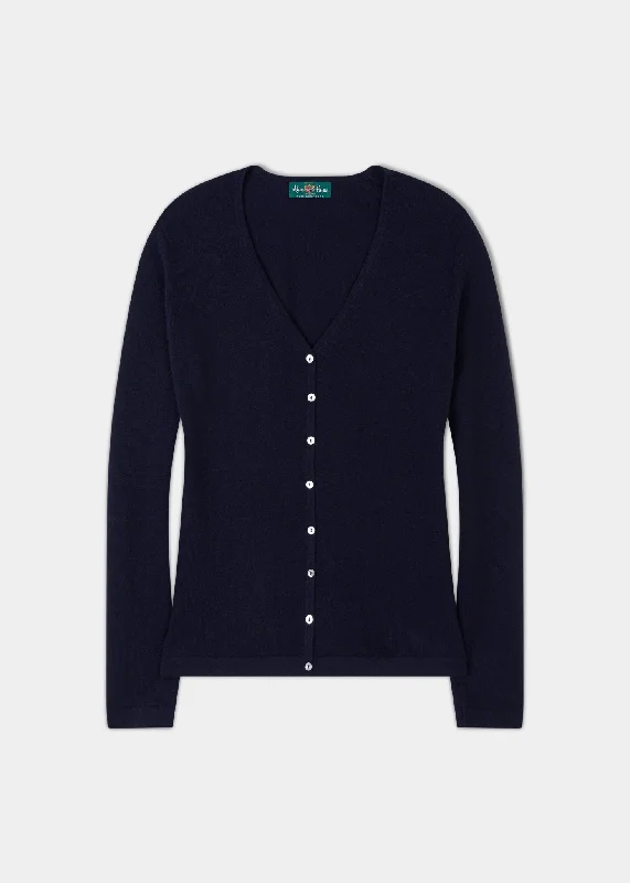 Sally Ladies Cashmere Vee Neck Cardigan In Dark Navy Tailored Straight A-Line