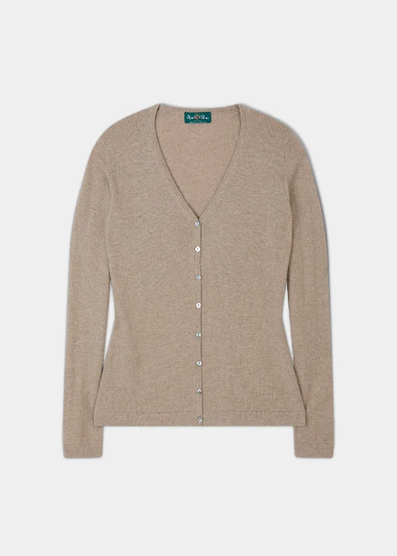 Sally Ladies Cashmere Vee Neck Cardigan In Linen Houndstooth Herringbone Solid
