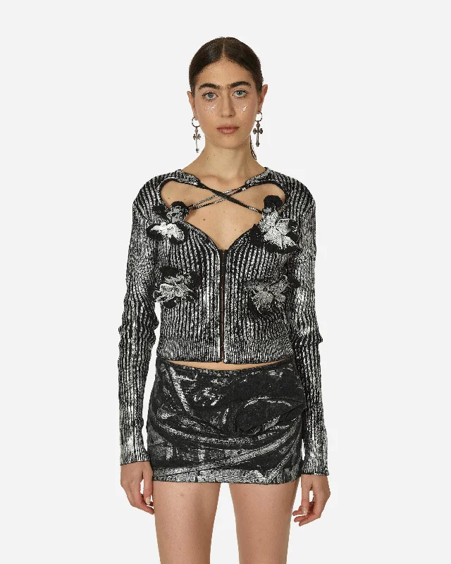Floral Rib Cardigan Black Hooded Caped Shawl Collar