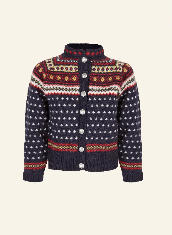 Heritage - 100% British Wool Cardigan - Molly Navy Neon metallic Matte
