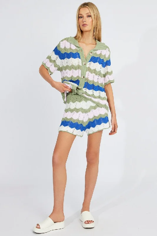 Multi Stripe Collar Knit Cardigan Short Sleeve Chenille Blend Fleece Blend Nylon Blend