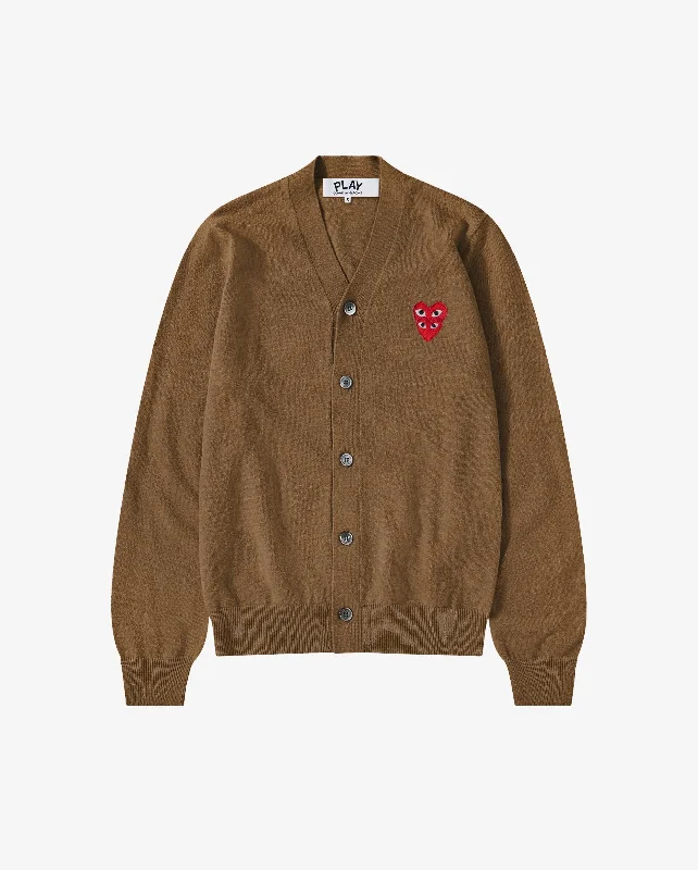N076 UNISEX DOUBLE HEART RED HEART CARDIGAN / BROWN Chenille Blend Fleece Blend Nylon Blend