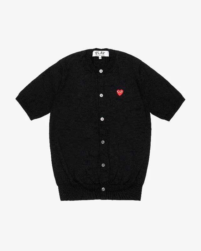 N095 UNISEX RED HEART S/S CARDIGAN  / BLACK Notch Collar Peter Pan Collar Cowl Neck