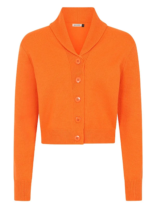 Orange Shawl Collar Vintage Look Cardigan Elasticated Padded Insulated