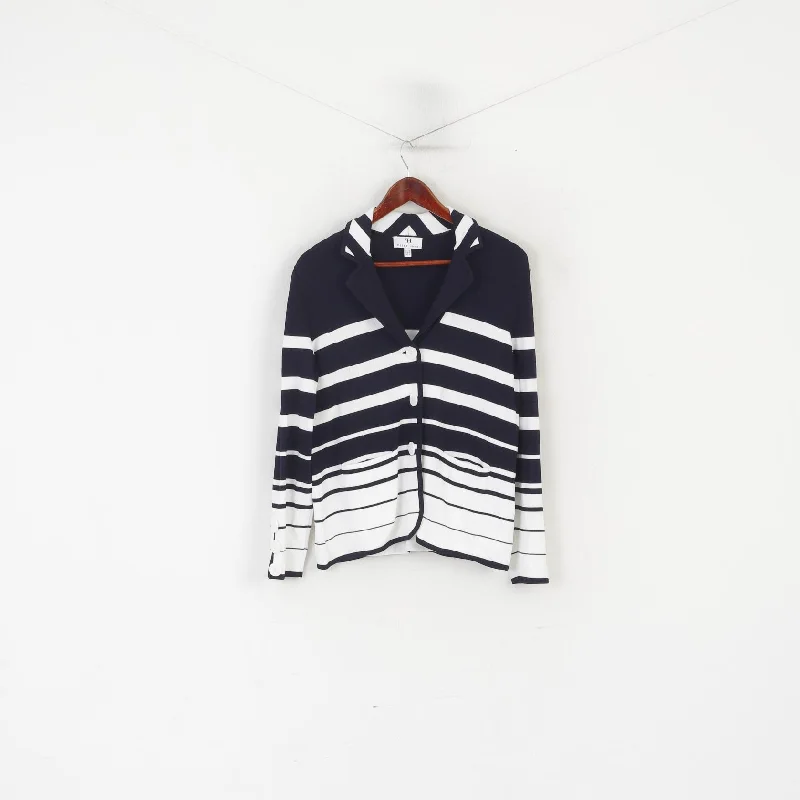 Peter Hahn Women 14 40 Cardigan Navy White Striped Viscose Marine Sweater Elasticated Padded Insulated