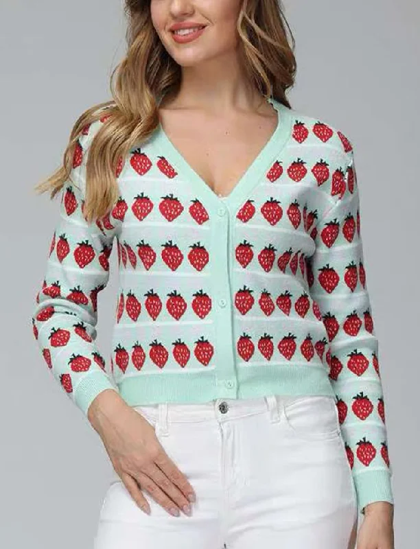 Pink Strawberry Print Knitted Cardigan Mesh Cardigan Canvas Denim