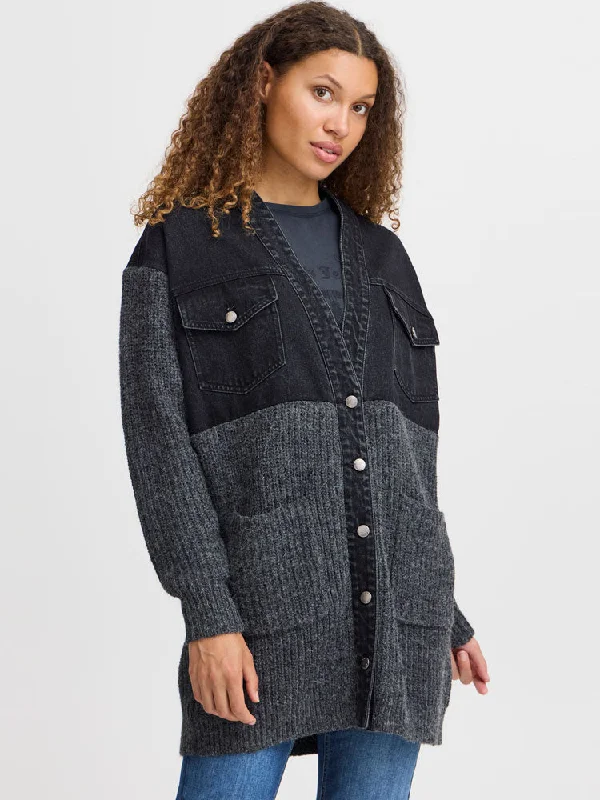 Pulz PzAnke Mix Fabric Cardigan Black Toggled Drawstring Belted