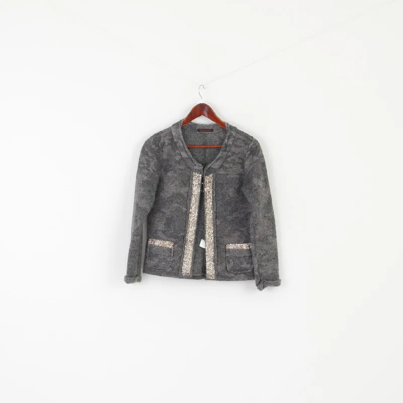Romeo & Giulia Women M Sweater Gray Wool Cardigan Made in Italy Sequins Top Mesh Blend Leather Blend Suede Blend Romeo & Giulia Women M Sweater Gray Wool Cardigan Made in Italy Sequins Top Mesh Blend Leather Blend Suede Blend